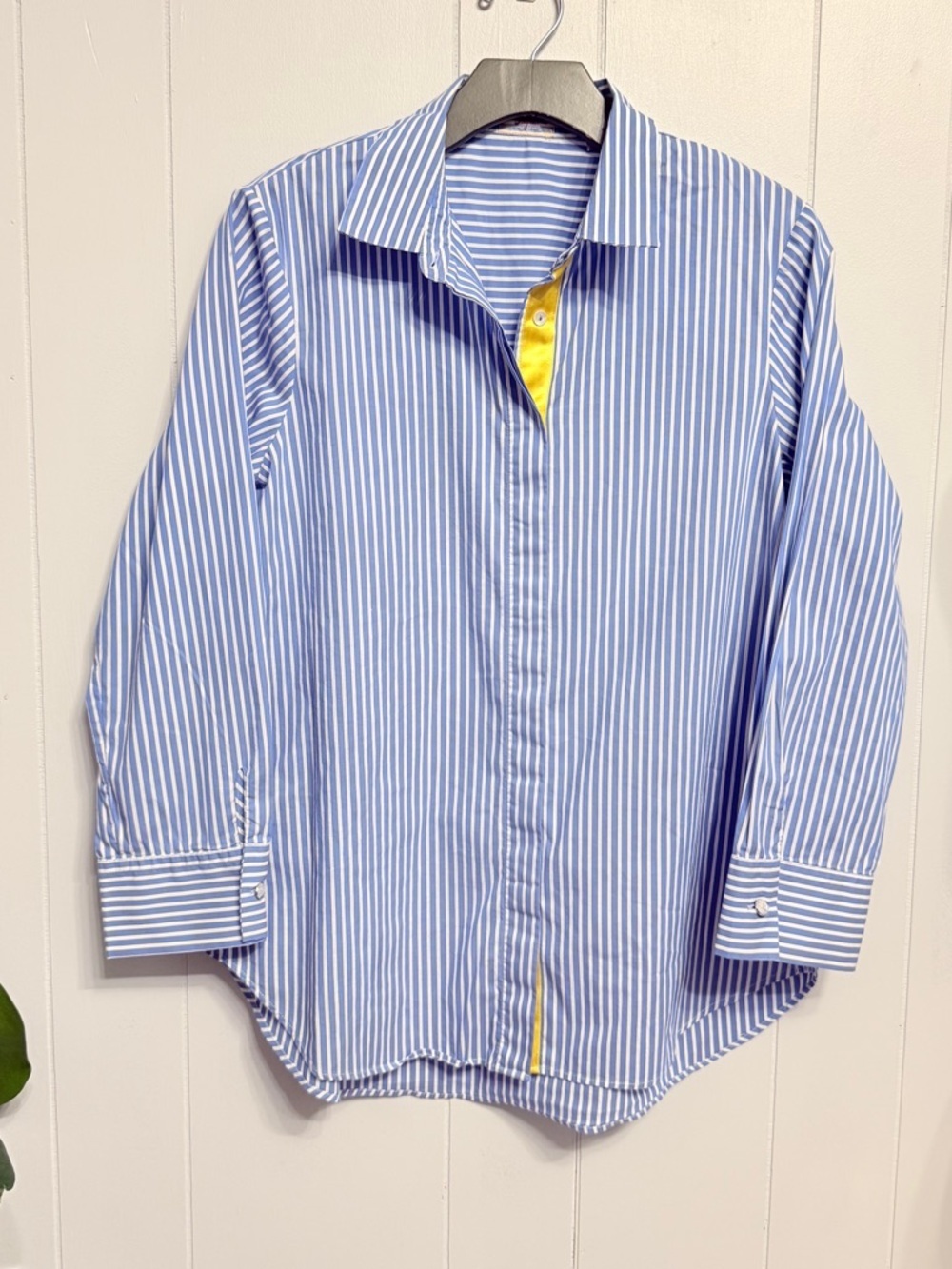 #16)  Classic Blue Stripe Button Shirt, Contrast Trim & Stretch, Unique back